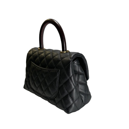 Used CHANEL Quilted Caviar Leather Coco Handle Handbag Black Gold