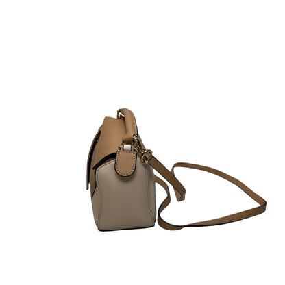 Used LOEWE Calfskin Leather MINI PUZZLE Cross Body Bag Beige Brown