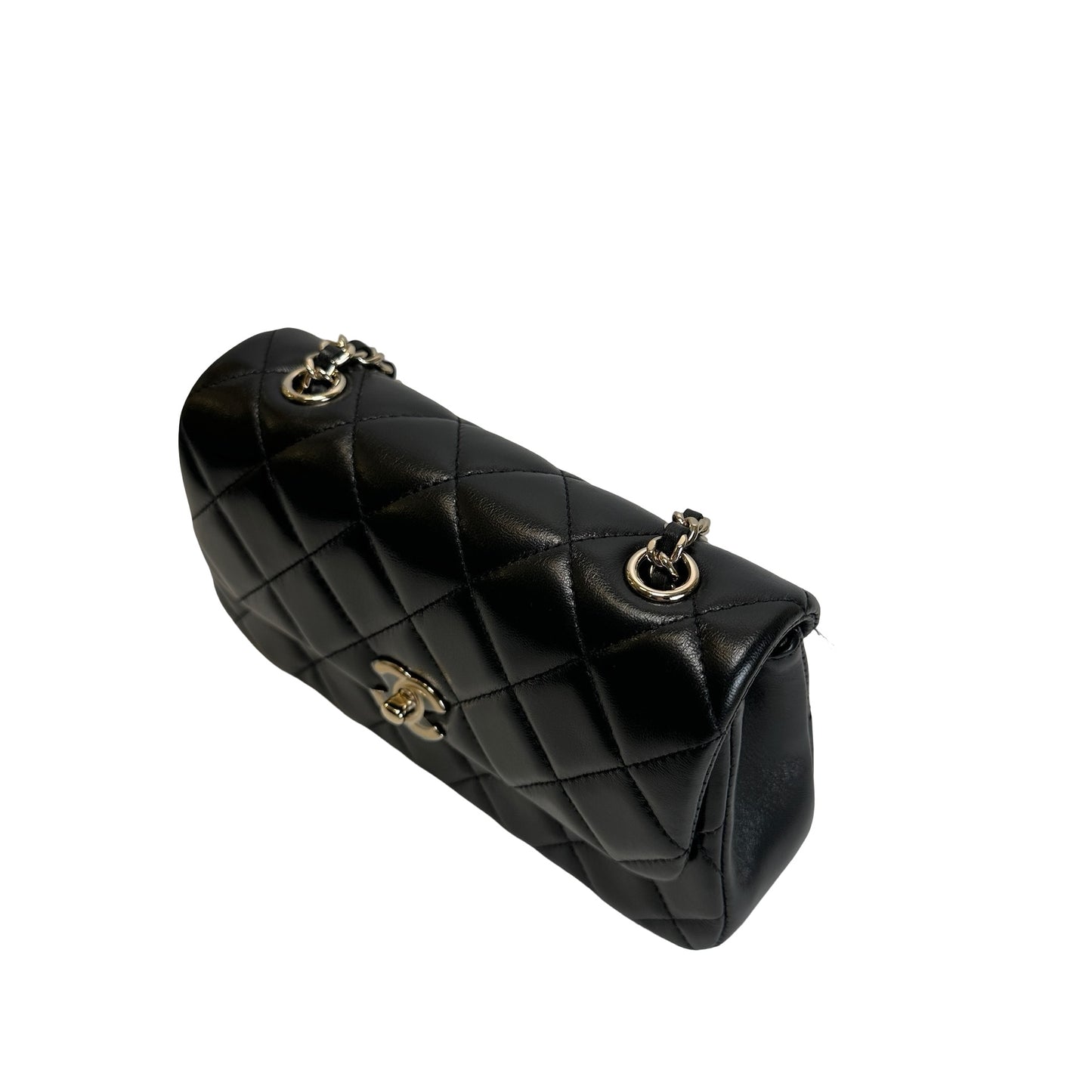 Used CHANEL Quilted Lambskin Mini Rectangular Flap Bag Chain Shoulder Bag Black Gold