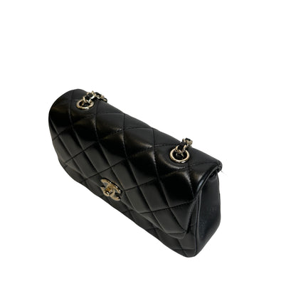 Used CHANEL Quilted Lambskin Mini Rectangular Flap Bag Chain Shoulder Bag Black Gold