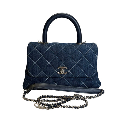 Used CHANEL Quilted Denim Coco Handle Small Handbag Denim Navy