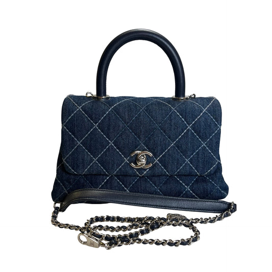 Used CHANEL Quilted Denim Coco Handle Small Handbag Denim Navy