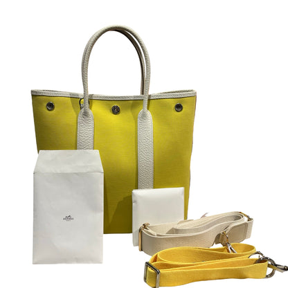 Used HERMES Canvas Leather Garden File Tote Bag Yellow White