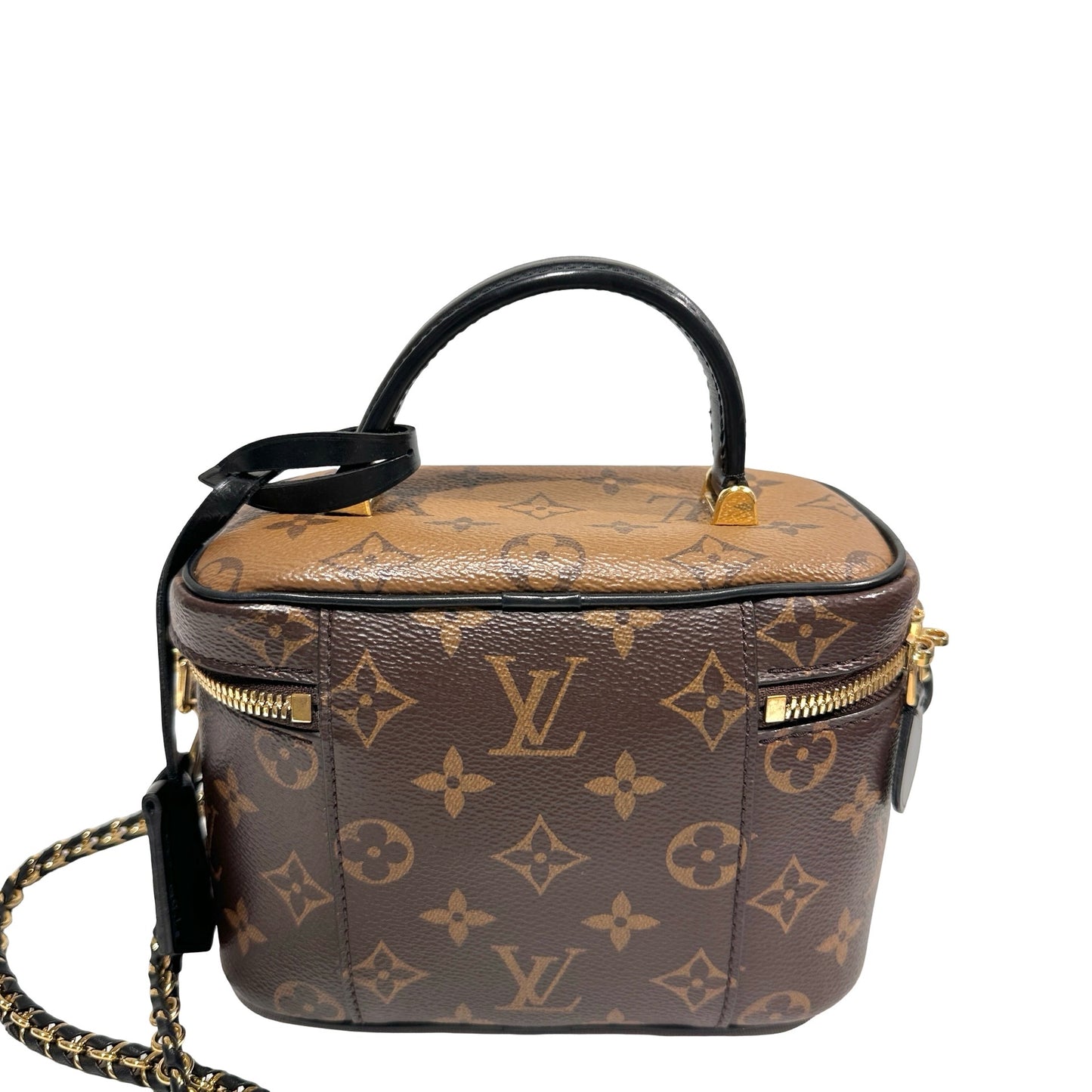 Used Louis Vuitton Monogram Eclipse Coated Canvas Vanity Chain Pouch Cross Body Bag Brown GHW