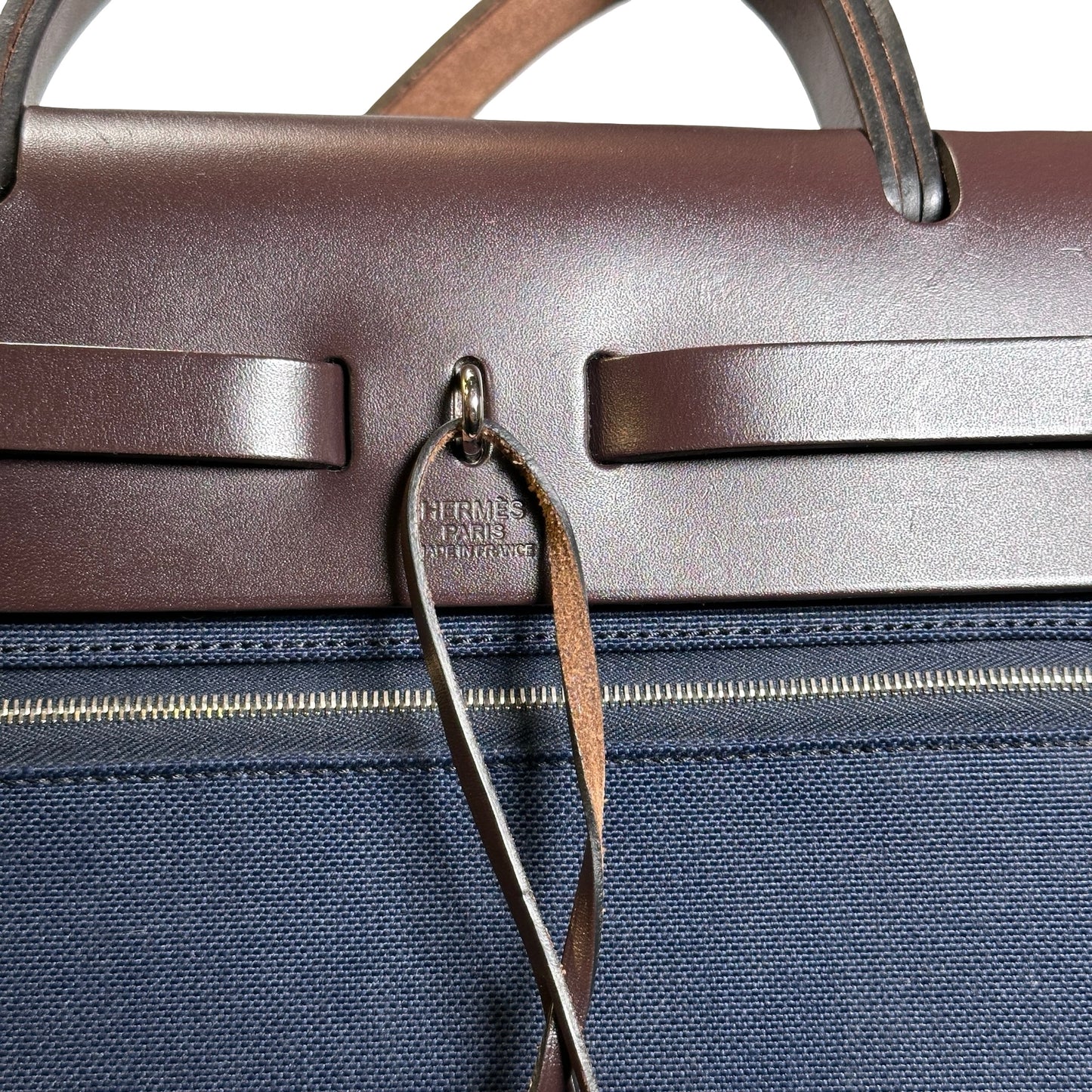 Used HERMES Toile Hunter Herbag Zip Handbag Navy Blue Brown