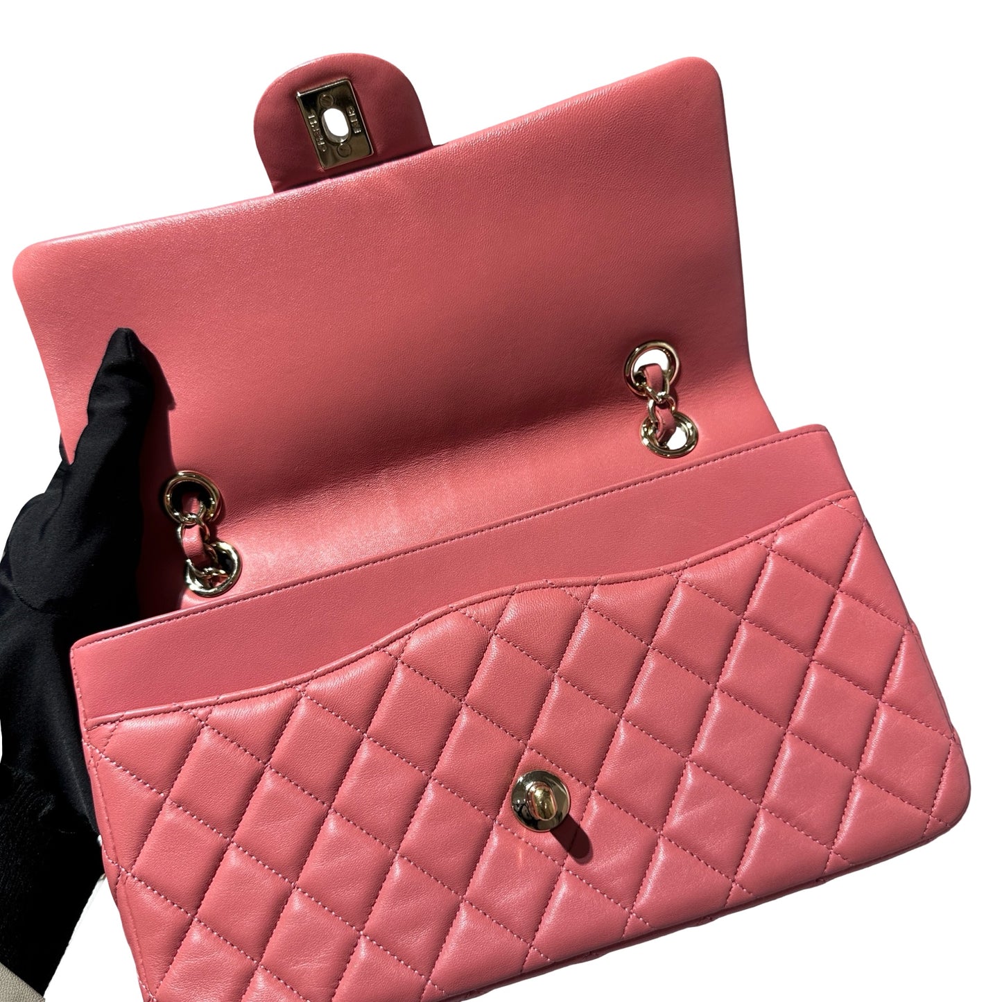 Used CHANEL Lambskin Leather Valentine Charm Classic Flap 25 Medium Chain Shoulder Bag Pink