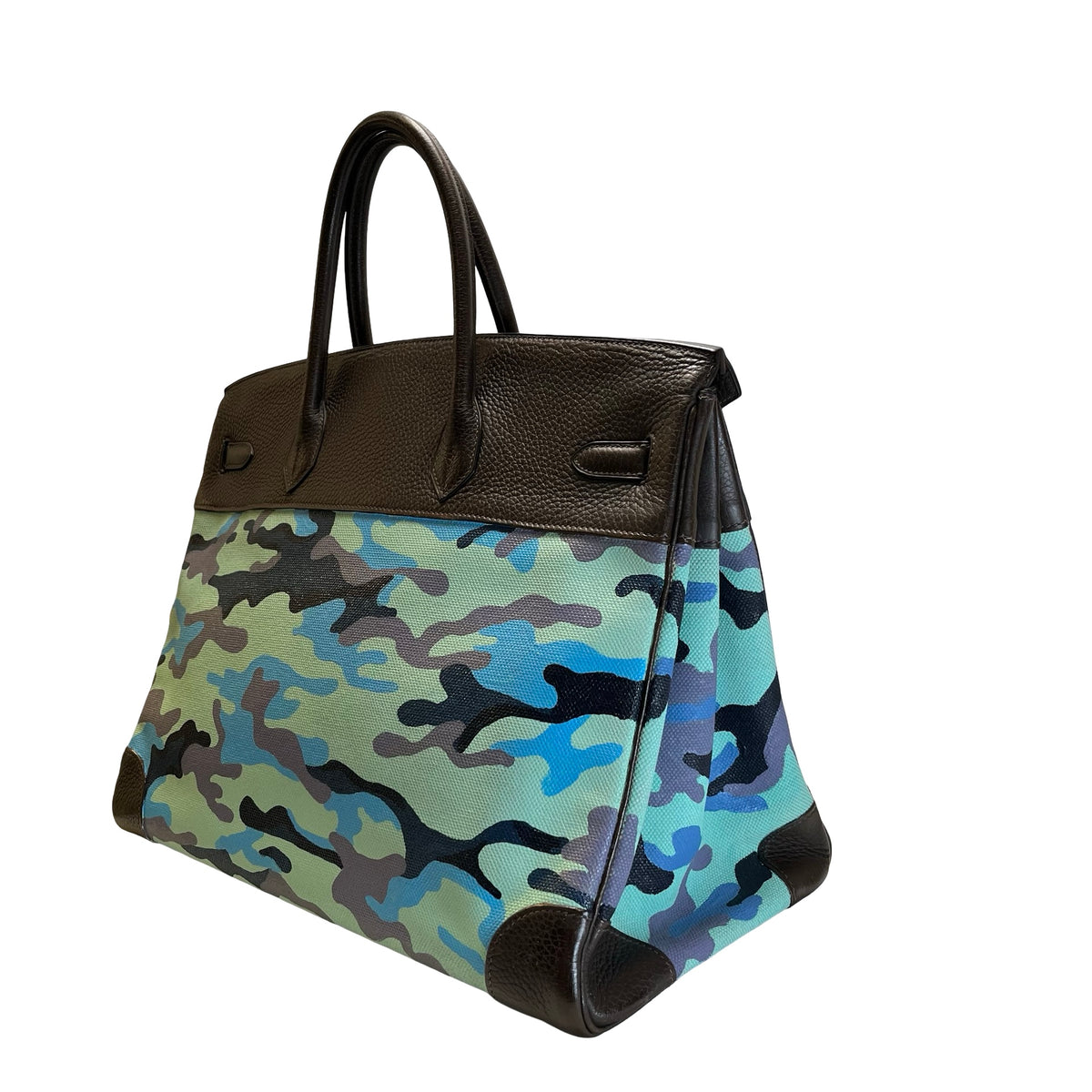 Used HERMES Camouflage Leather Toile HAC Birkin 35 Handbag Brown Blue Green