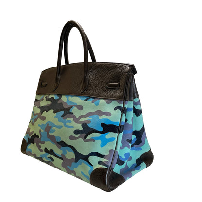 Used HERMES Camouflage Leather Toile HAC Birkin 35 Handbag Brown Blue Green