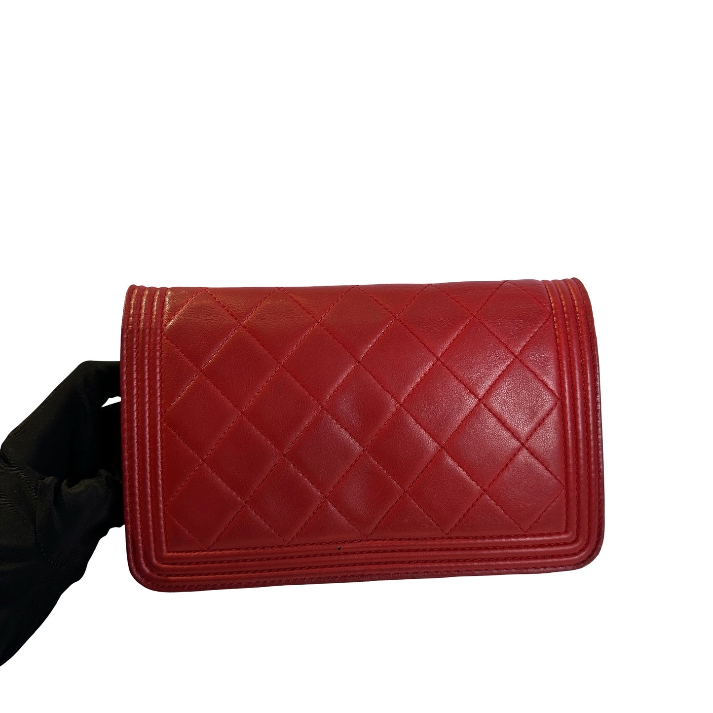 Used CHANEL Quilted Lambskin Boy Wallet on chain Red