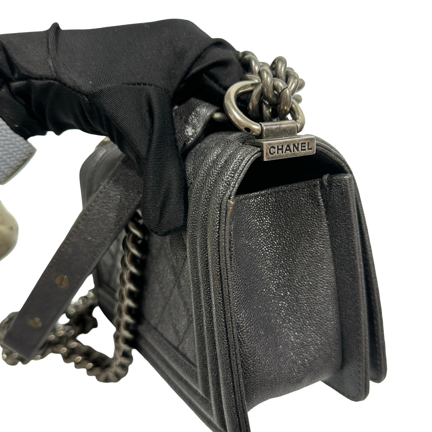 Used Chanel Calfskin Leather Boy 20cm Shoulder Bag PHW Grey