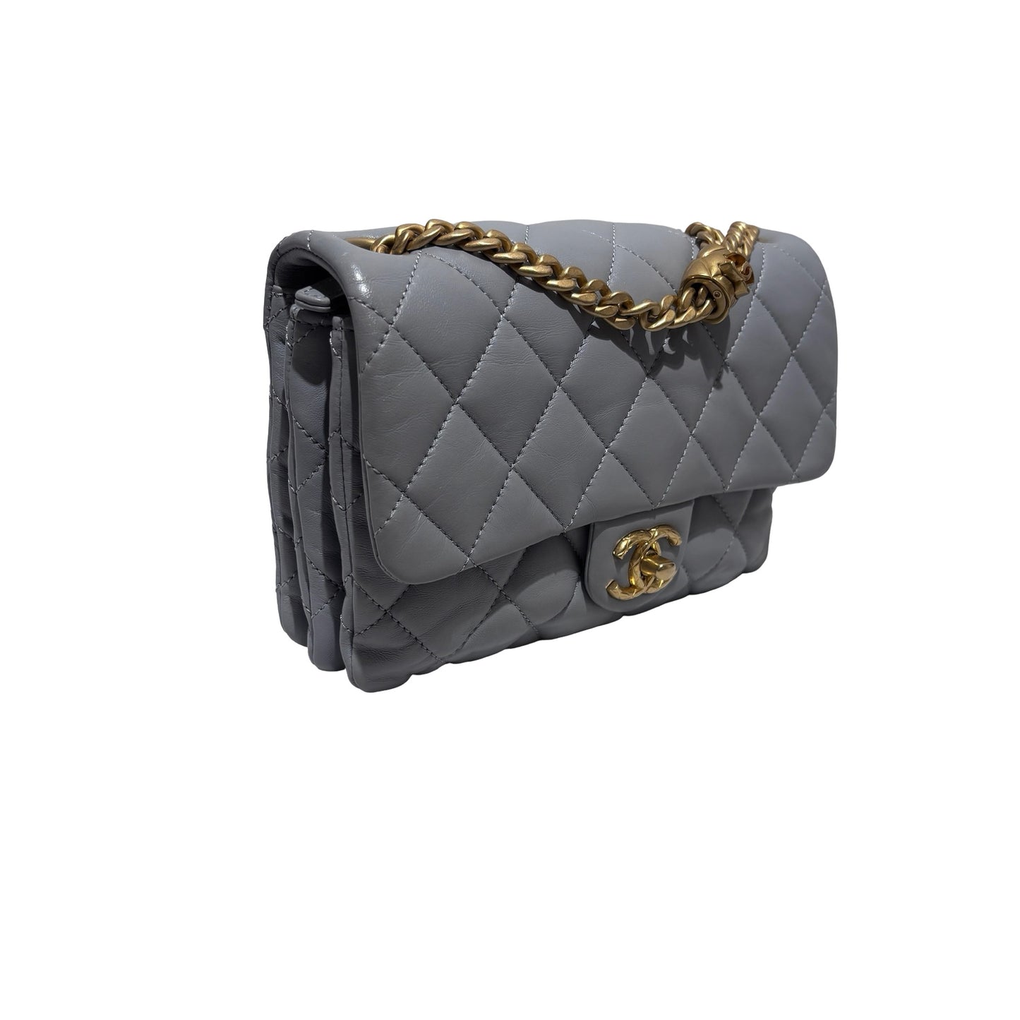 Used CHANEL Lambskin 22K all slide adjustable small flap bag Cross body bag Grey