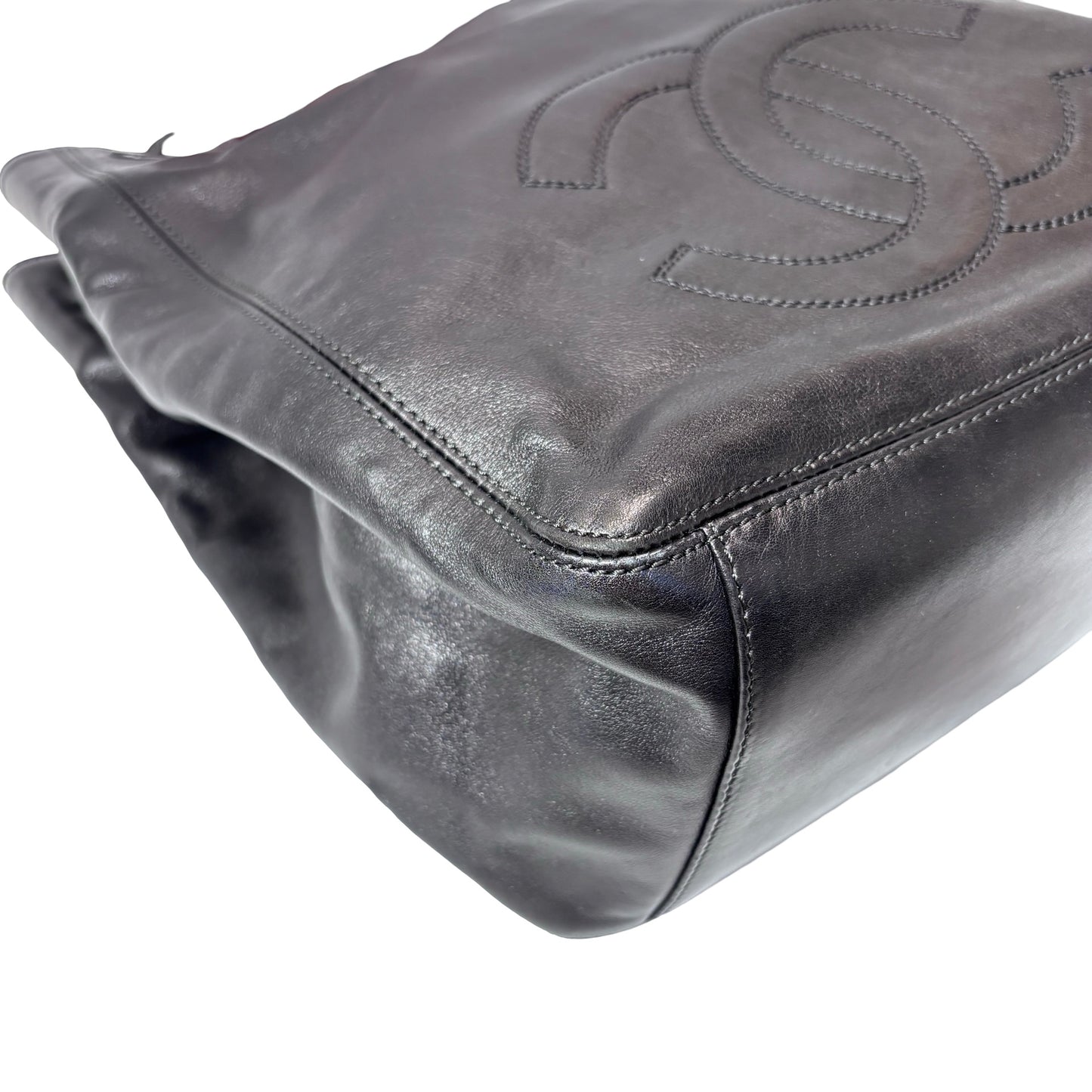 Used CHANEL Calfskin Leather Top Handle Village Shoulder Bag Black