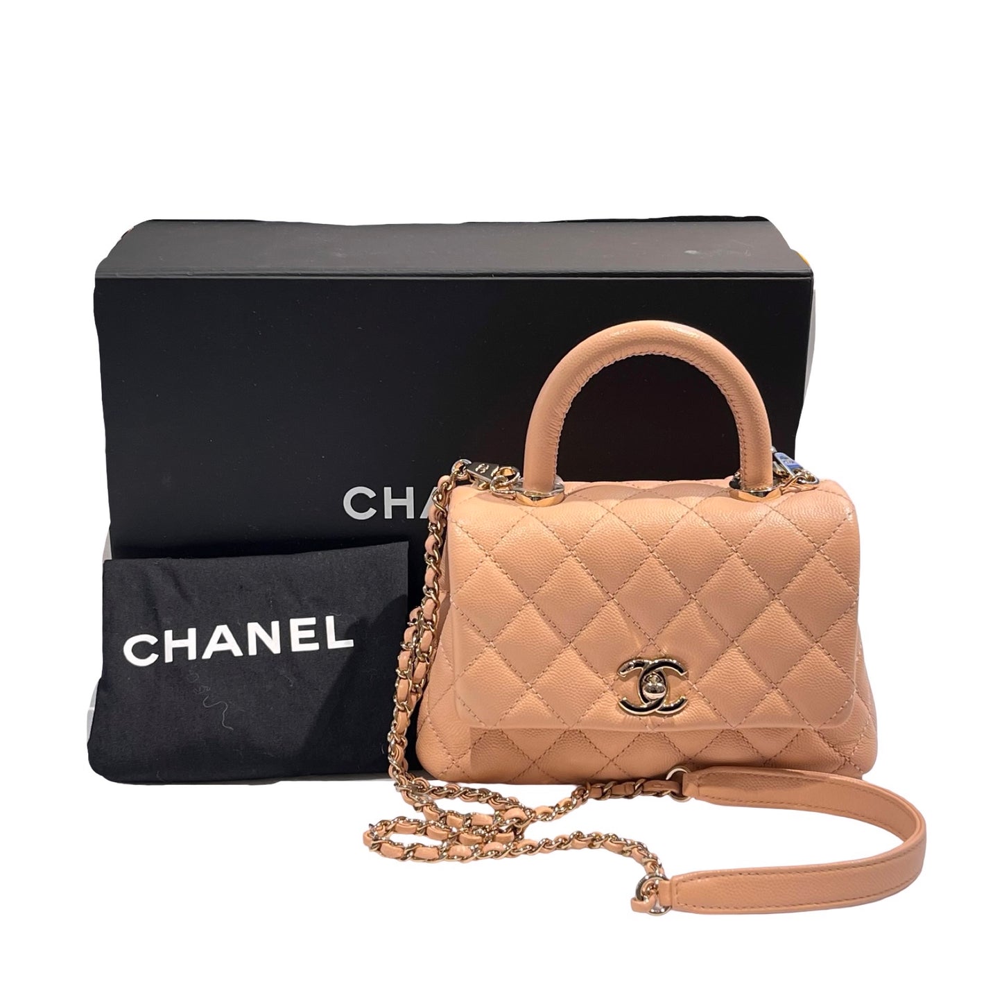Used CHANEL Caviar Leather Coco Handle Small Shoulder Bag Beige GHW