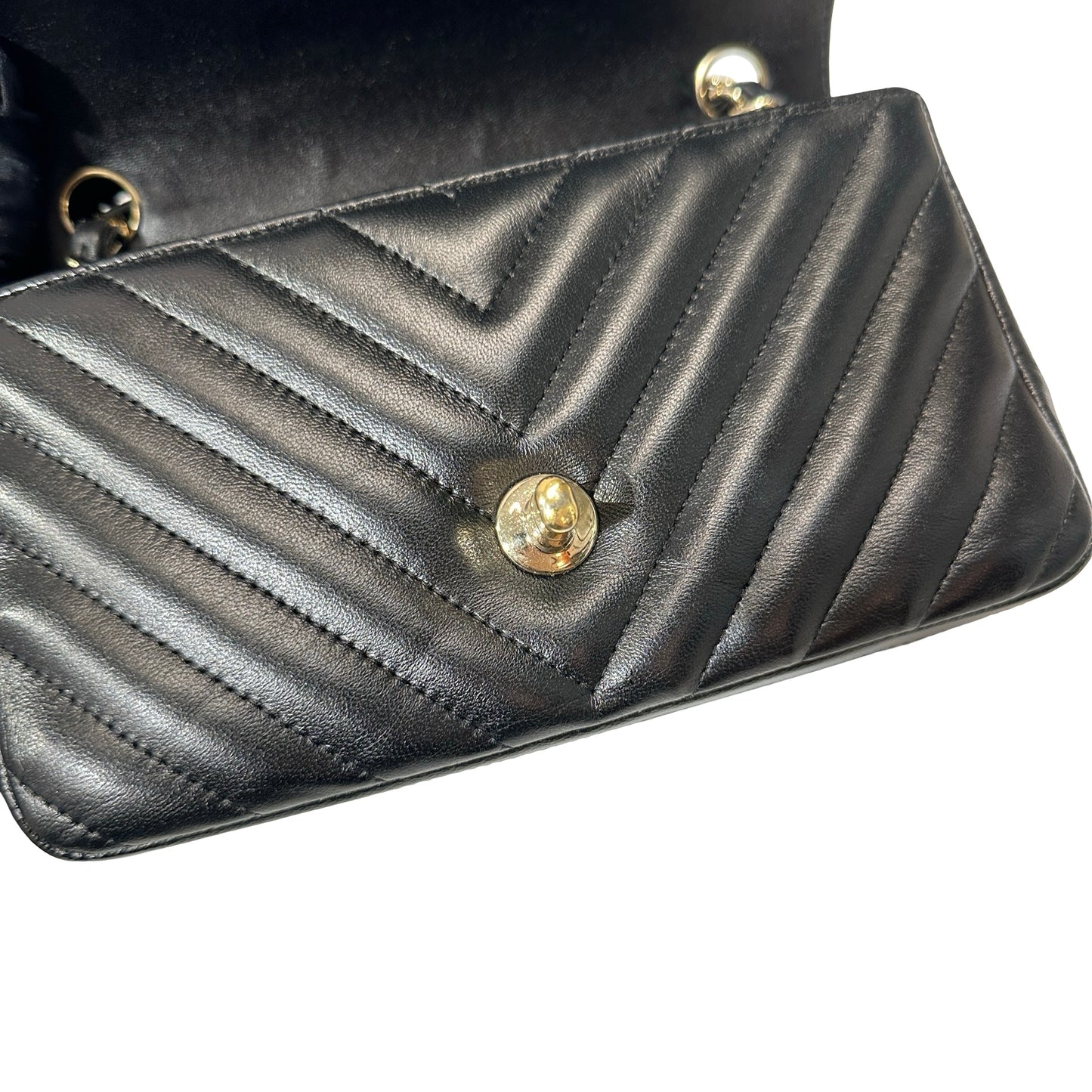 Used CHANEL Chevron Lambskin Leather Mini Square Flap Chain Shoulder Bag Black GHW