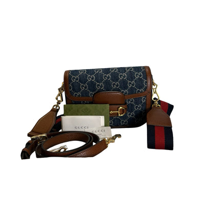 Used GUCCI GG Canvas Leather Trim Horsebit 1955 Mini Bag Shoulder Bag Blue Brown
