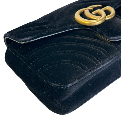 Used GUCCI Chevron Velvet GG Marmont Shoulder Bag Black