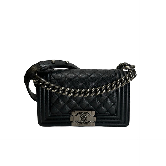 Used CHANEL Quilted Caviar Boy Chain Shoulder Bag Black