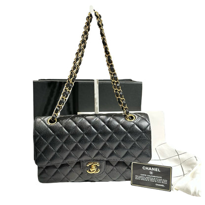 Used CHANEL Caviar Leather Classic Flap Medium Chain Shoulder Bag Black PHW
