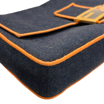 Used FENDI Denim BAEEGUETTE LARGE Shoulder Bag Navy Blue Orange