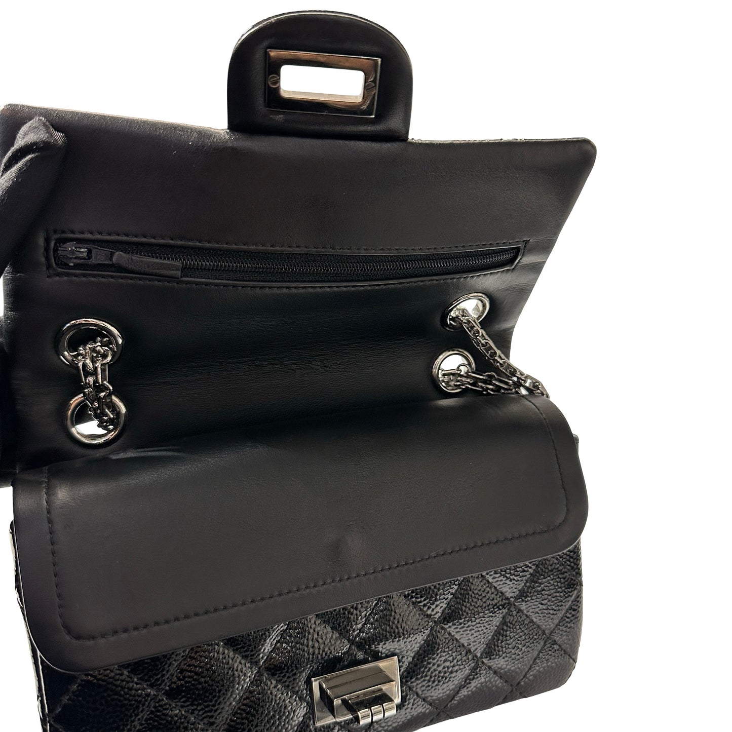 Used CHANEL Patent Leather 2.55 Mini 224 Double Flap Shoulder Bag Black PHW