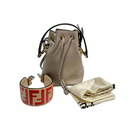 Used FENDI Calfskin Leather Mon Tresor Bucket Bag Grey Beige GHW