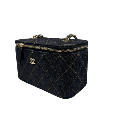Used CHANEL Quilted Denim Vanity Case Vanity case Navy blue