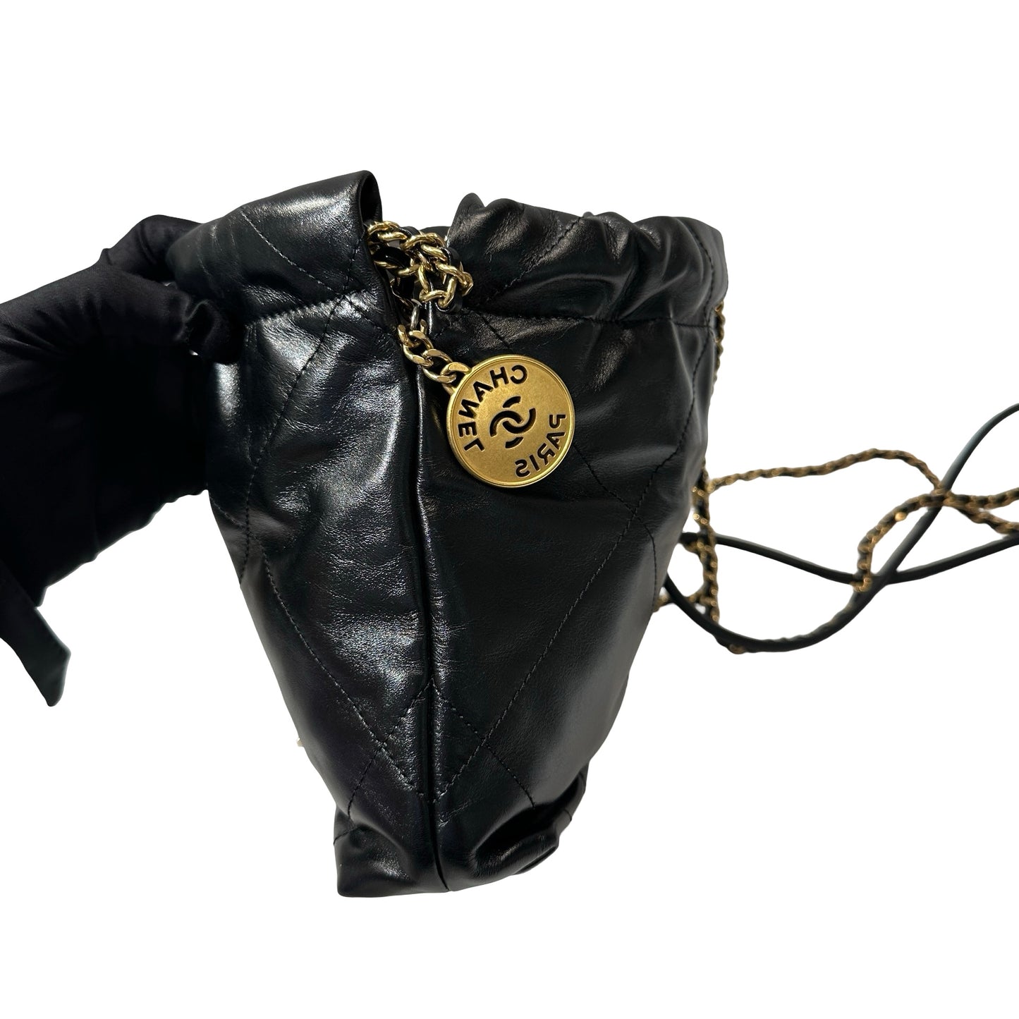 Used CHANEL Shiny Calfskin Mini 22 Shoulder Bag Black GHW
