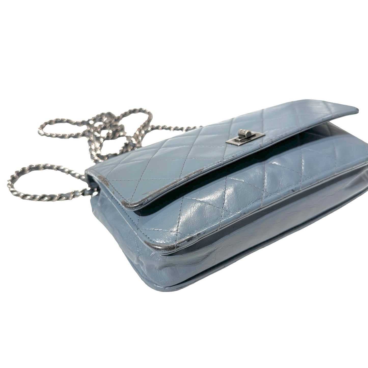 Used Chanel Shiny Calfskin WOC Cross Body Bag Baby Blue PHW