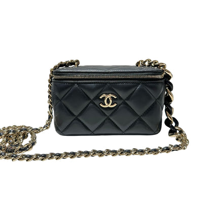 Used CHANEL Lambskin Leather Vanity Case Cross Body Bag Black GHW