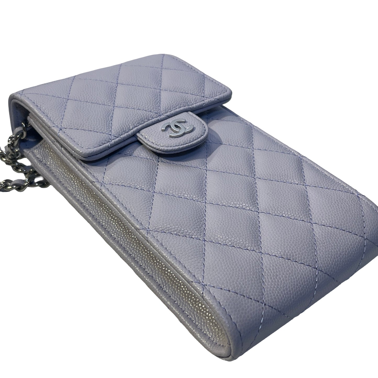 Used CHANEL Quilted Caviar Leather Classic Phone Holder with Chain Phone Bag Light Purple Silver Hardware