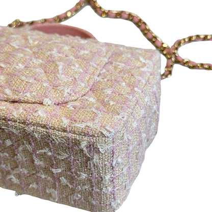 Used CHANEL Tweed Quilted Mini Flap Bag with Top Handle Handbag Pink White