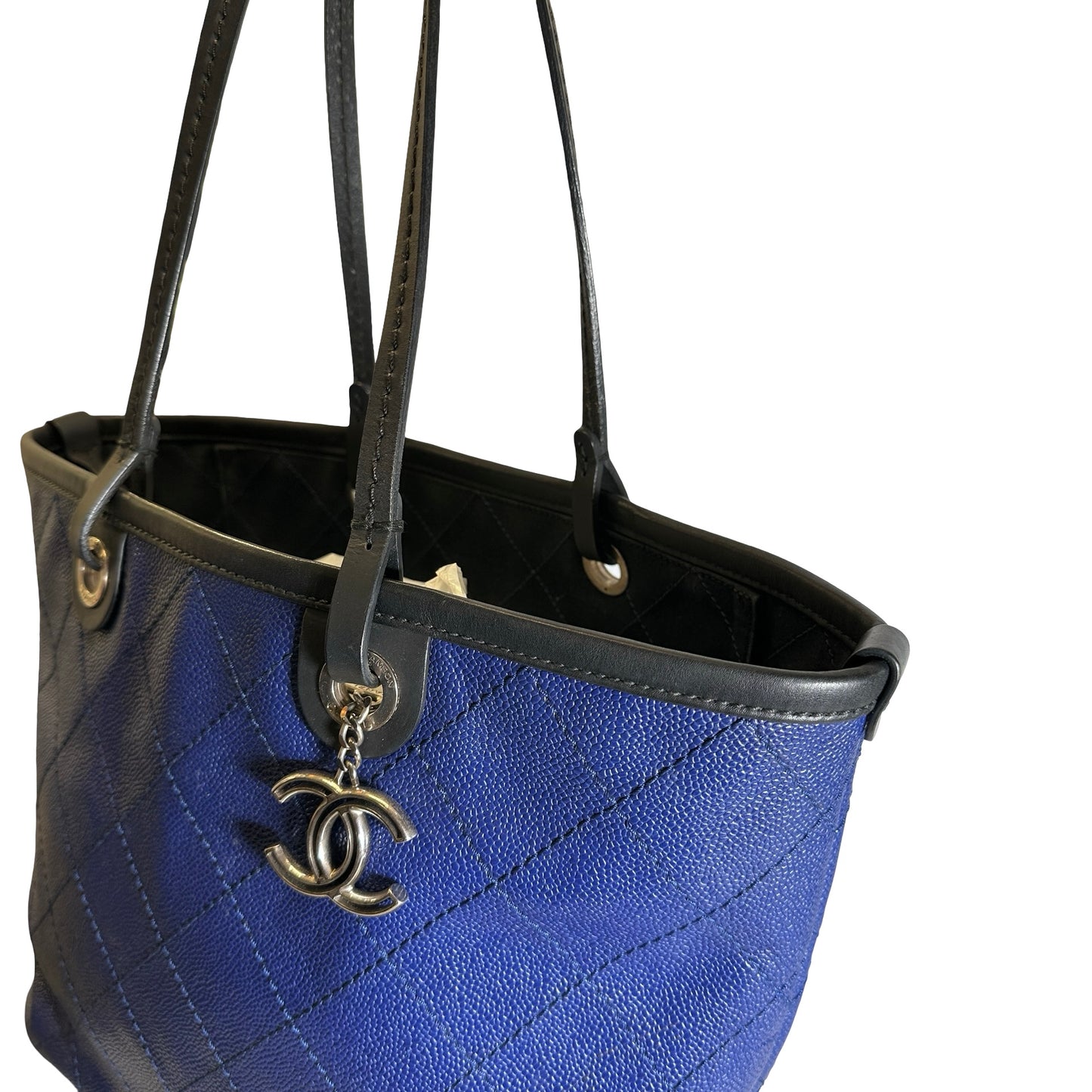 Used CHANEL Quilted Caviar Leather GST Tote Bag Blue Silver