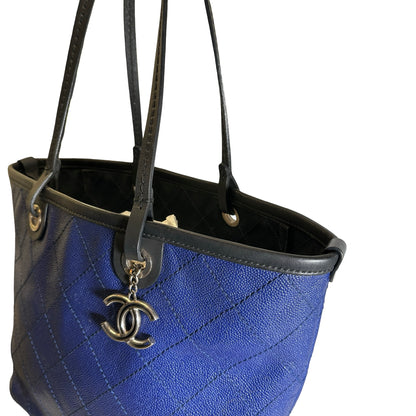 Used CHANEL Quilted Caviar Leather GST Tote Bag Blue Silver