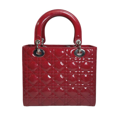 Used DIOR Cannage Patent Leather Lady Dior Handbag Red