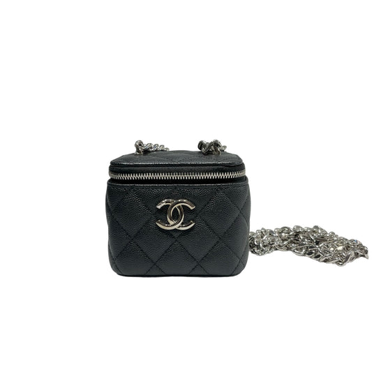 Used CHANEL Vanity Case with Black White Chain Cross Body Bag Black PHW