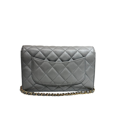Used CHANEL Caviar Leather WOC Calf Skin Cross Body Bag Grey PHW