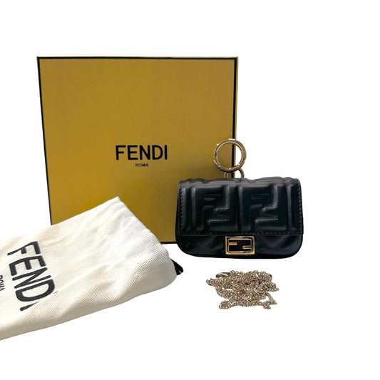 Used Fendi Calfskin Leather Baguette Nano Charm Cross Body Bag Black GHW