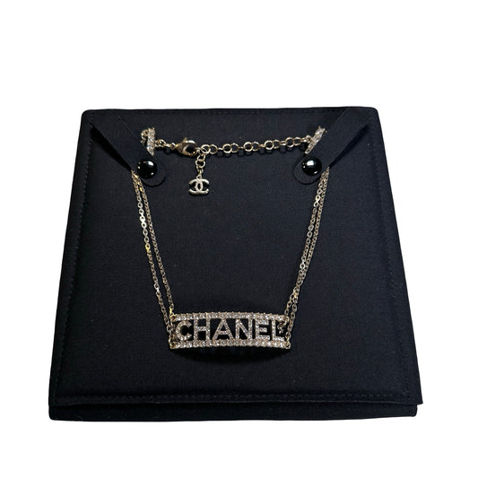 Used CHANEL Rhinestone Logo Necklace GHW