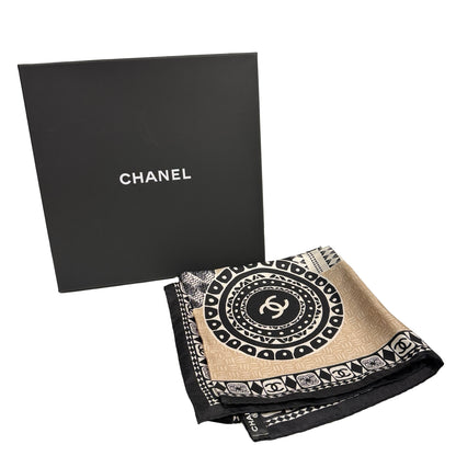 New Chanel Silk Scarf Black White Beige