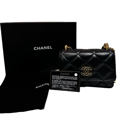 Used CHANEL Lambskin Leather Pending Clutch with Chain Shoulder Bag Black GHW