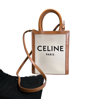 Used CELINE Canvas Calfskin Mini Vertical Cabas Tote Bag Natural Tan GHW