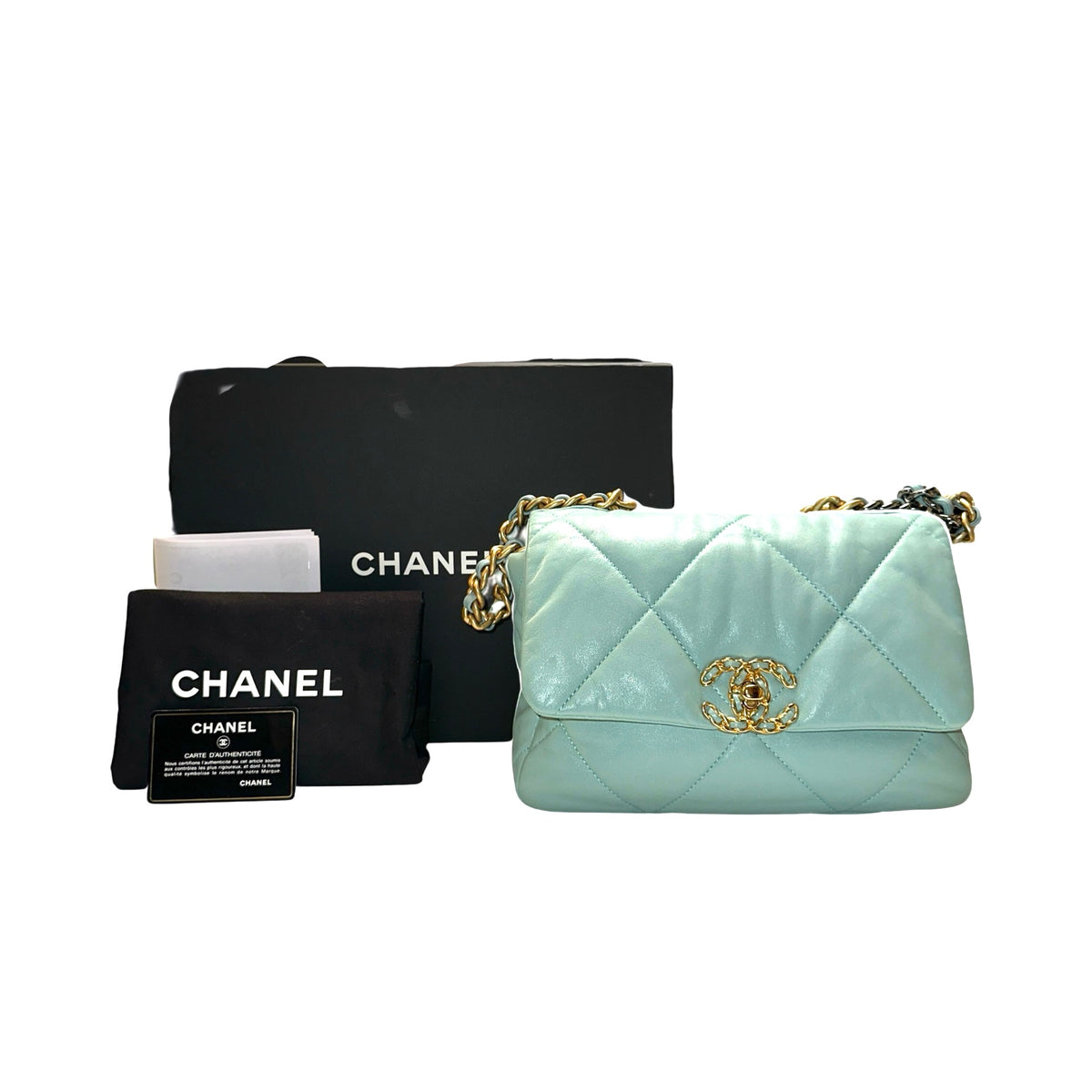Used CHANEL Lambskin Quilted Chanel 19 Chain Shoulder Bag Light Blue Gold