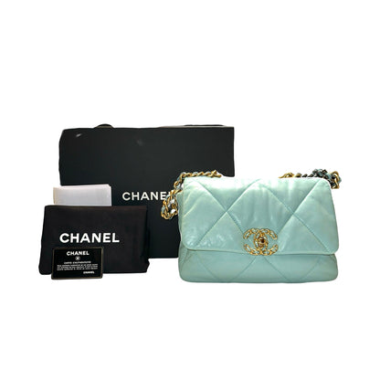 Used CHANEL Lambskin Quilted Chanel 19 Chain Shoulder Bag Light Blue Gold