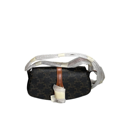 Used CELINE Macadam Triomphe Clutch on strap Shoulder Bag Brown Black GHW