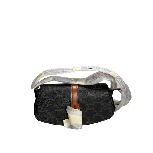 Used CELINE Macadam Triomphe Clutch on strap Shoulder Bag Brown Black GHW