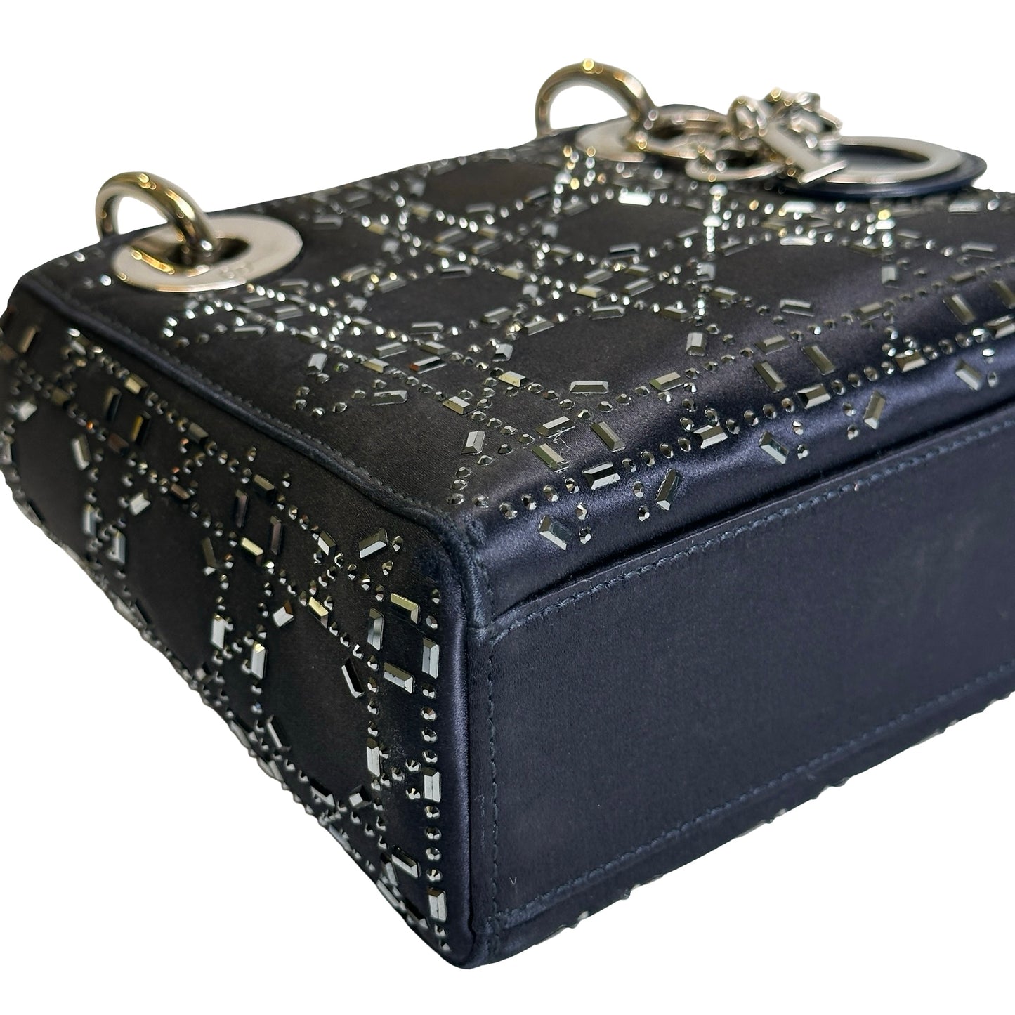 Used DIOR Cannage Rhinestone Lady Dior Handbag Black Silver