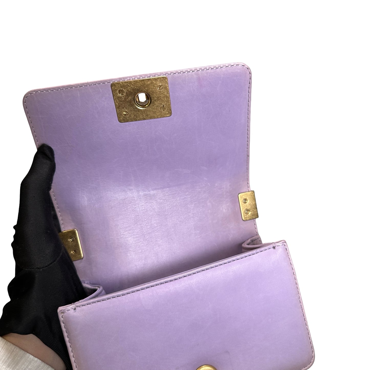 Used CHANEL Braided Lambskin Boy Chain Shoulder Bag Lilac Gold