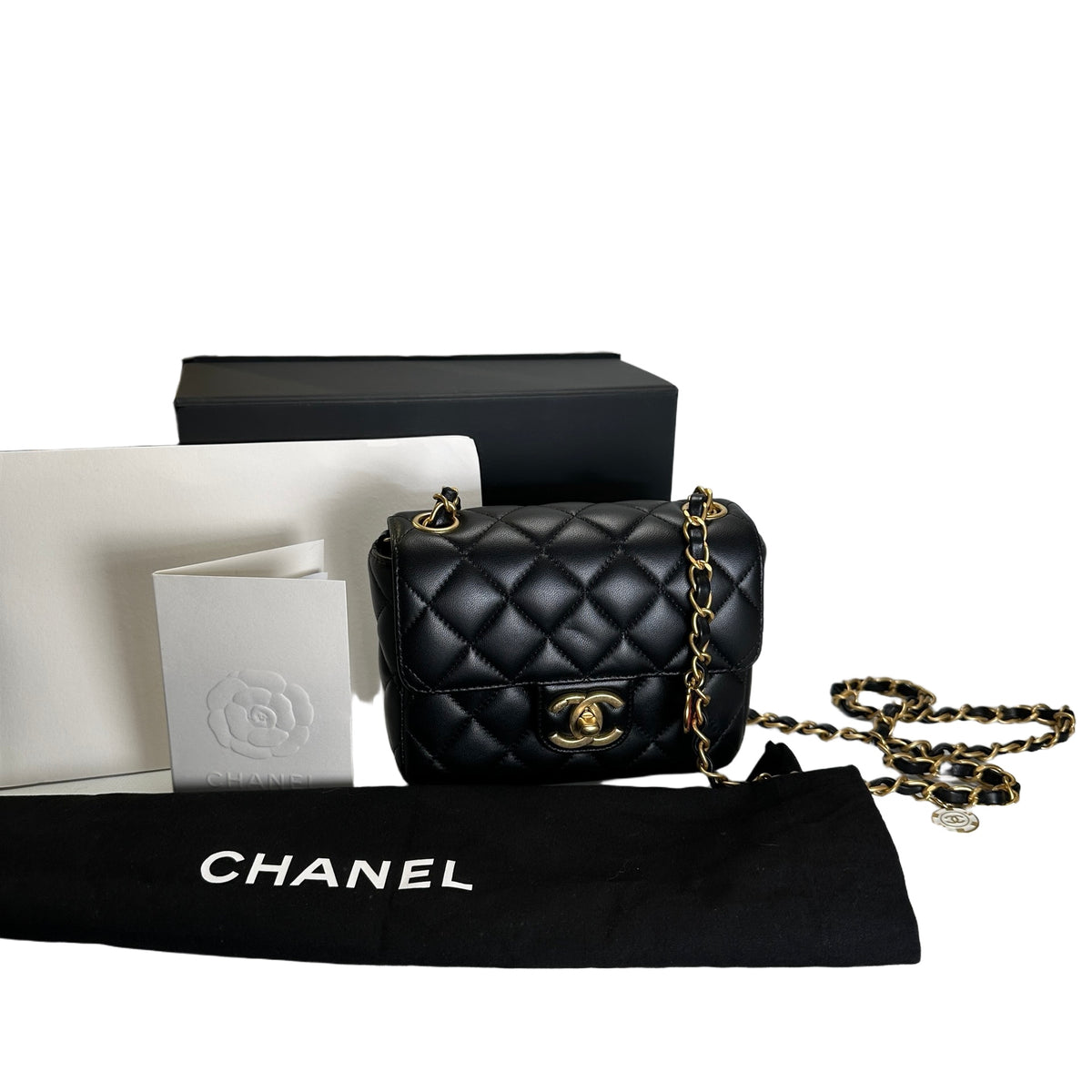Used CHANEL Quilted Lambskin Mini Flap Bag Shoulder Bag Black Gold