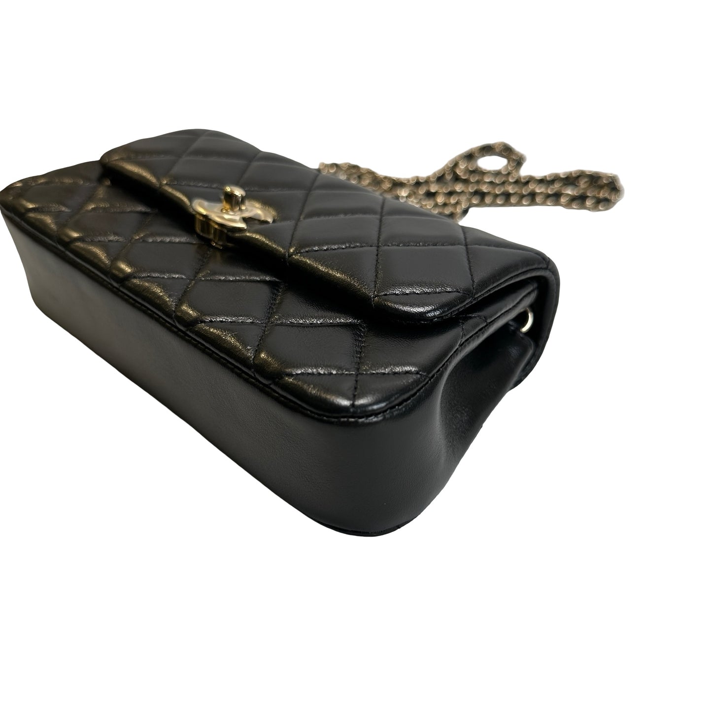 Used CHANEL Quilted Lambskin Mini Rectangular Flap Bag Chain Shoulder Bag Black Gold