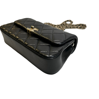 Used CHANEL Quilted Lambskin Mini Rectangular Flap Bag Chain Shoulder Bag Black Gold